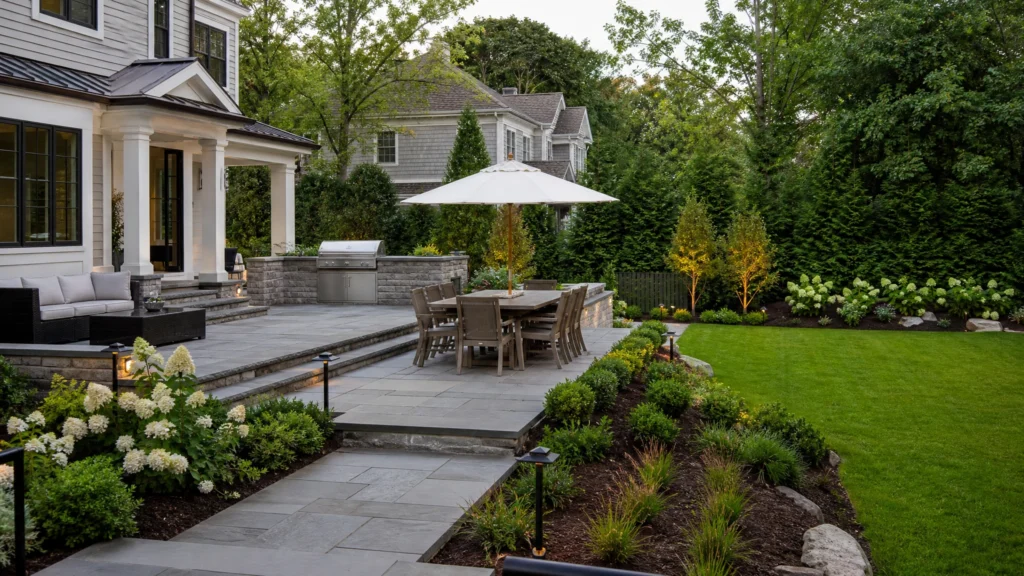 How to Plan a Full Backyard Landscape Design Project in Bergen County with a finished residential outdoor space by NMS Landscapes.