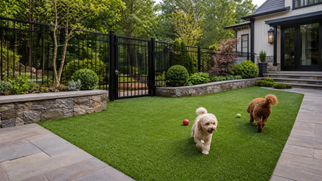 Pet-Friendly Artificial Turf: Drainage, Odor Control, and Cleaning with a finished residential outdoor space by NMS Landscapes.