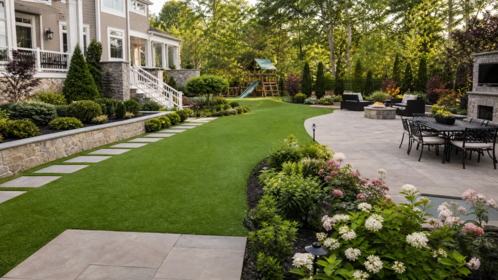 Artificial Turf vs Natural Grass for Busy Bergen County Families with a finished residential outdoor space by NMS Landscapes.