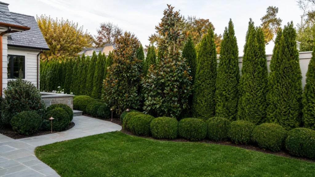 Best Privacy Screening Trees and Shrubs for Bergen County Homes with a finished residential outdoor space by NMS Landscapes.