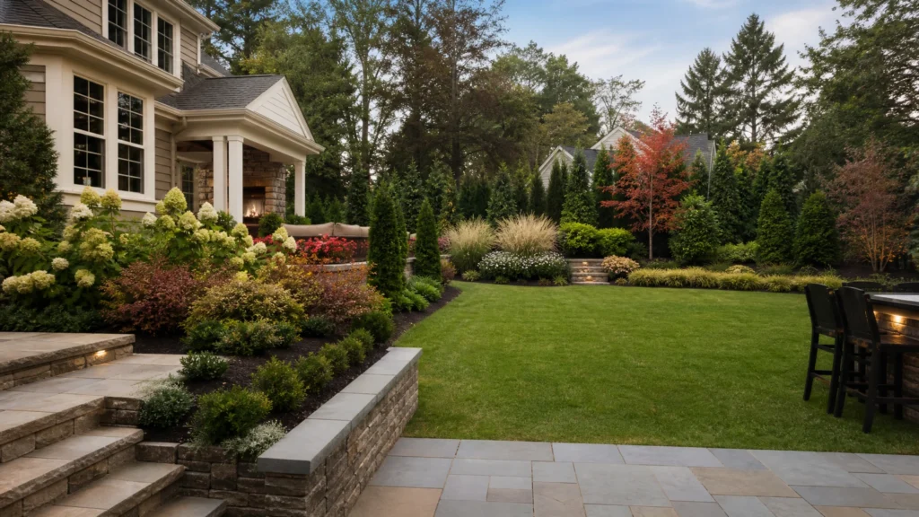 Four-Season Landscape Design: How to Keep a Bergen County Yard Interesting Year-Round with a finished residential outdoor space by NMS Landscapes.